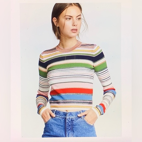 Veronica Beard Palmas Rib Knit Stripe Rainbow Metallic Glitter Sweater - Picture 2 of 4